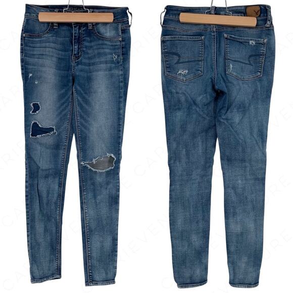 American Eagle Outfitters Hi-Rise Jegging Super Stretch Ripped Blue Jeans Size 4 - Picture 3 of 14
